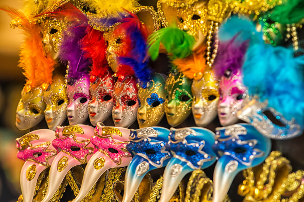 Colorful carnival masks on the market in Venice, Italy.