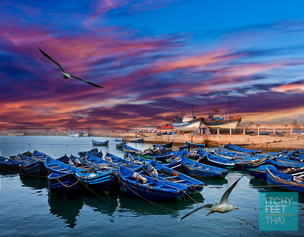 Blue fishing boats on an ocean coast in Essaouira, Morocco