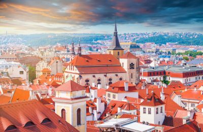 Panorama of the city from the Clock Tower in Prague