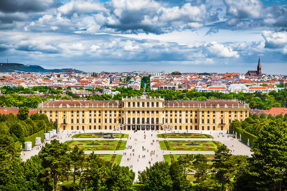 Schonbrunn Palace with Great Parterre garden in Vienna, Austria