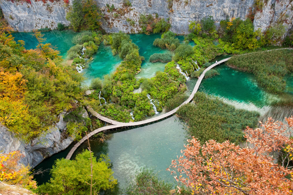 Waterfalls and path in the forest at Plitvicka Jezera - Plitvice