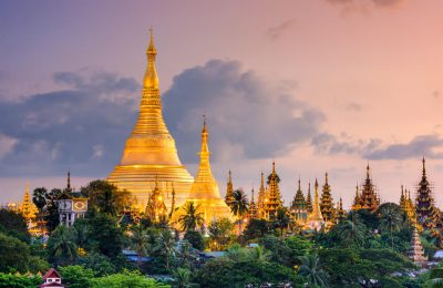 Yangon, Myanmar view of Shwedagon Pagoda at dusk.