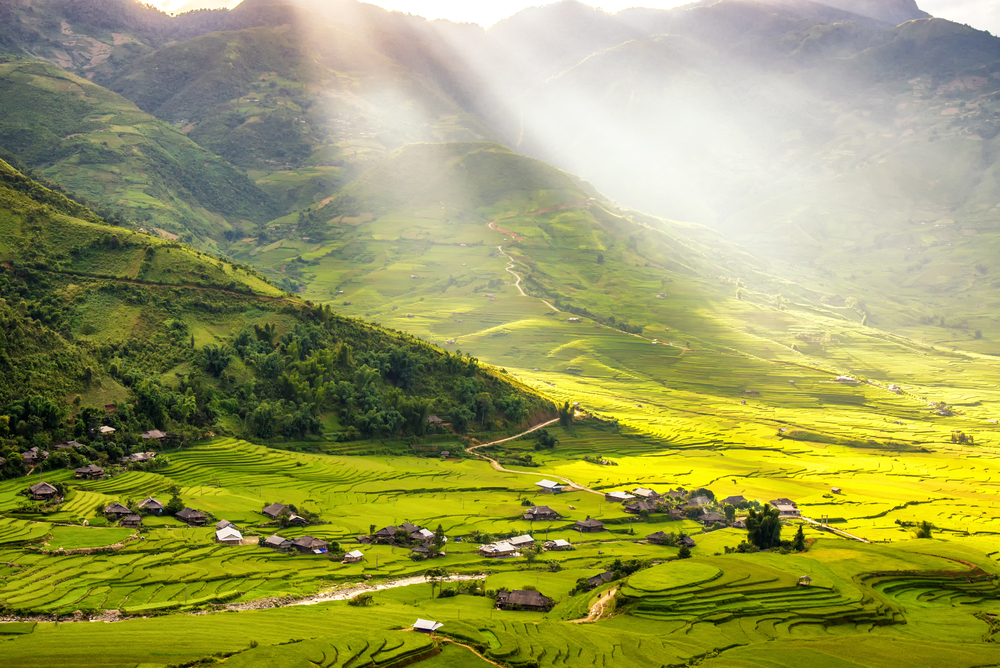 beautiful view of house and village in rice terrace at tu le ,mu cang chai , vietnam